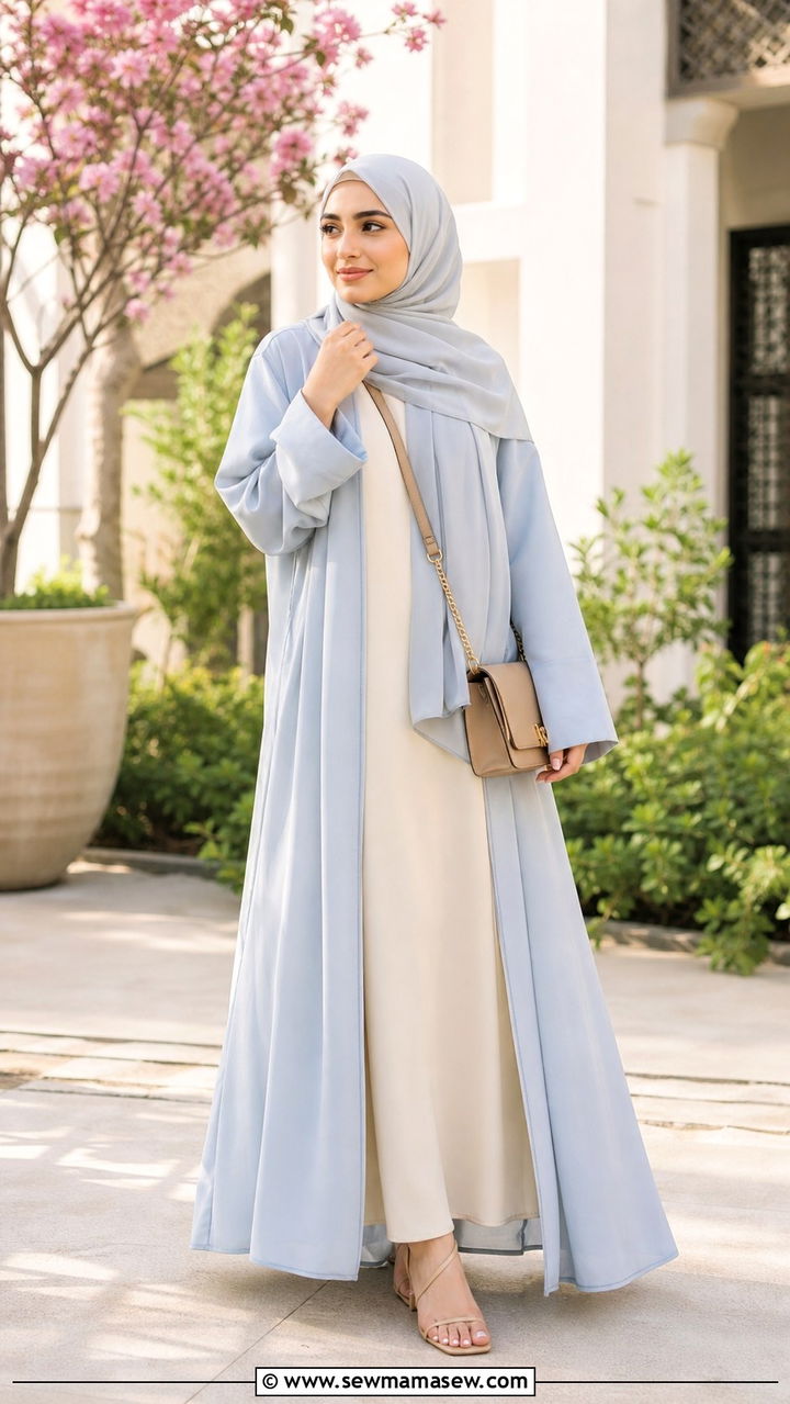 Pastel Open Abaya Outfit With Slip Dress - 20 April Eid outfit ideas