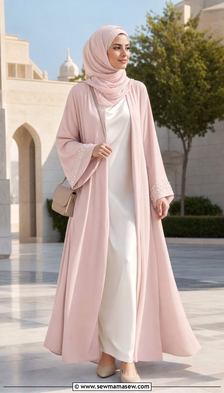 Pastel Open Abaya With White Slip Dress - 25 Eid outfit ideas for women 2026