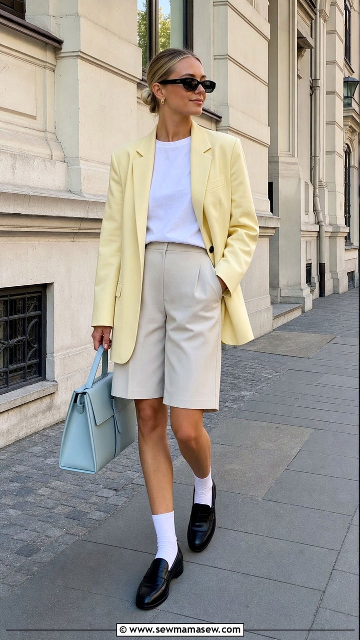 Pastel Oversized Blazer with Bermuda Shorts and Loafers - 25 Copenhagen outfits 2026