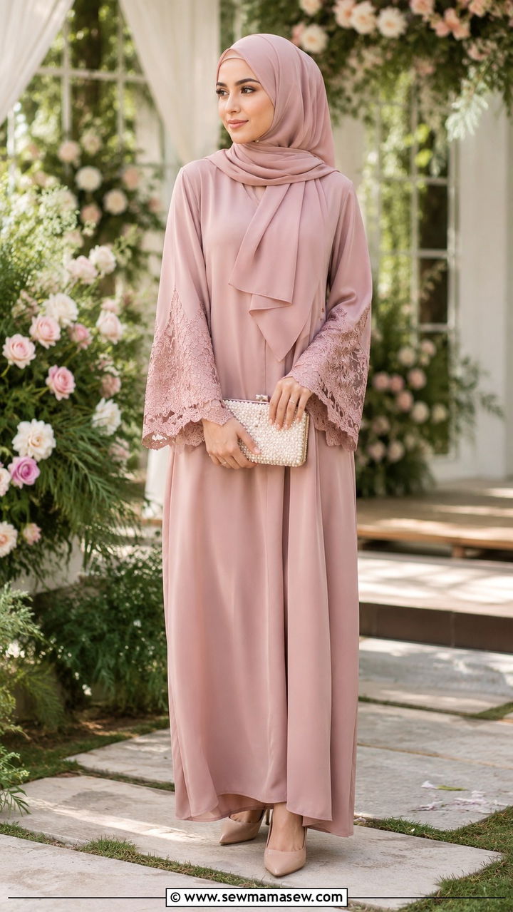 Pastel Pink Abaya With Lace Details - 30 Modest wedding guest outfit ideas for Muslim women