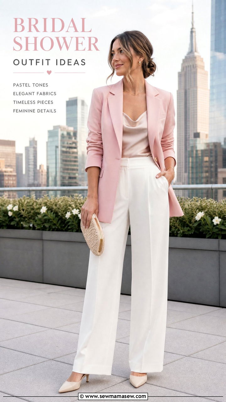 Pastel Pink Blazer And White Wide Leg Trousers Outfit - 30 bridal shower outfit ideas for women