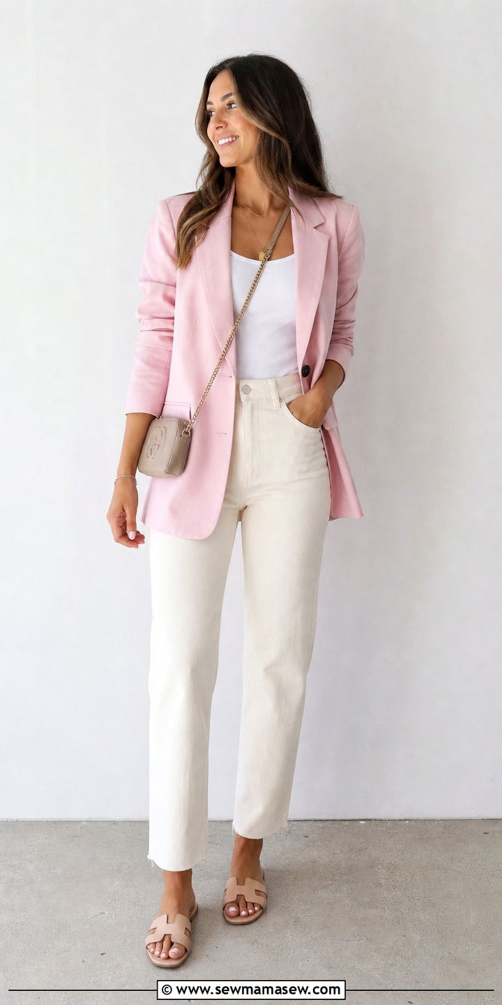 Pastel Pink Blazer With Jeans Summer Outfit - 35 Casual chic summer outfit ideas 2026