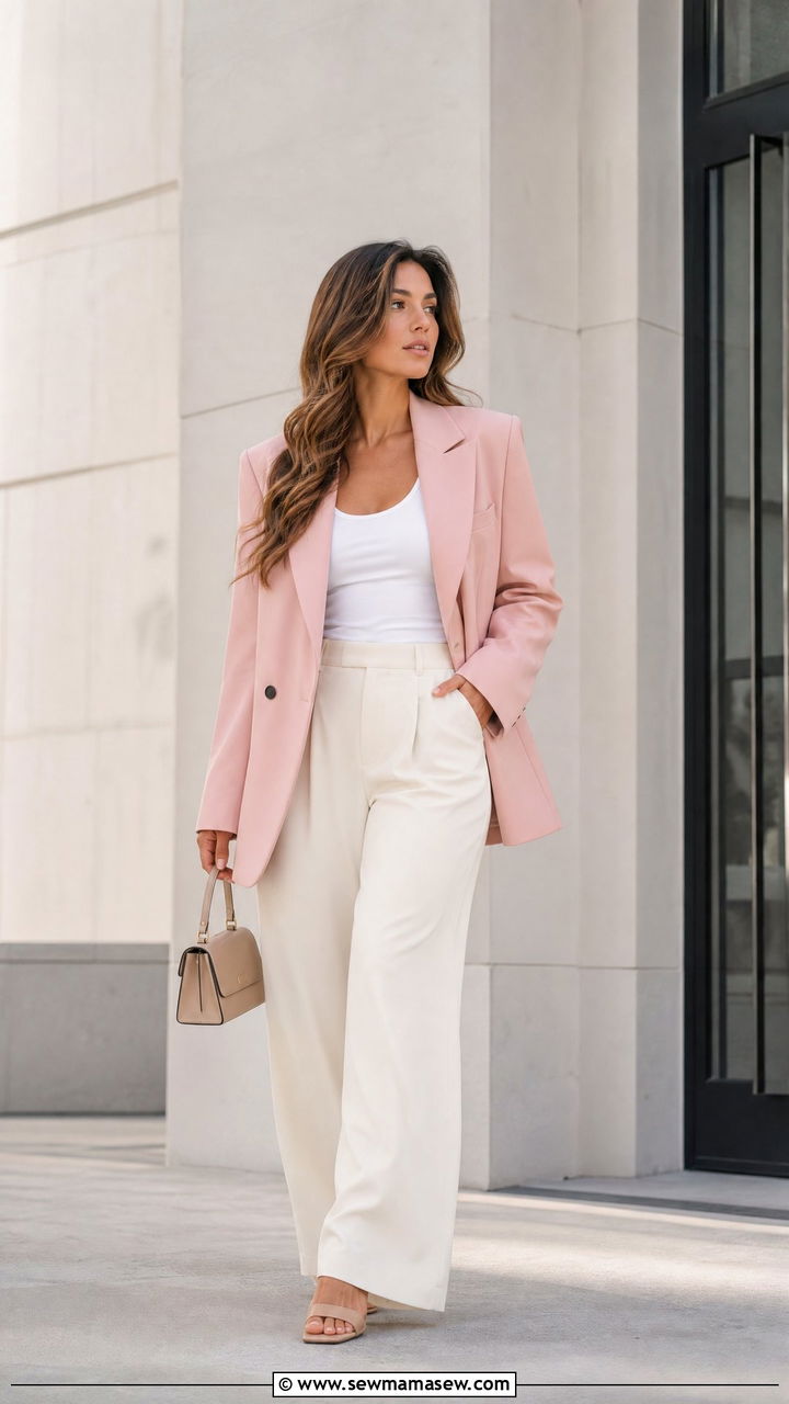 Pastel Pink Blazer With Wide Leg Trousers and Mules - 40 Spring photoshoot outfits