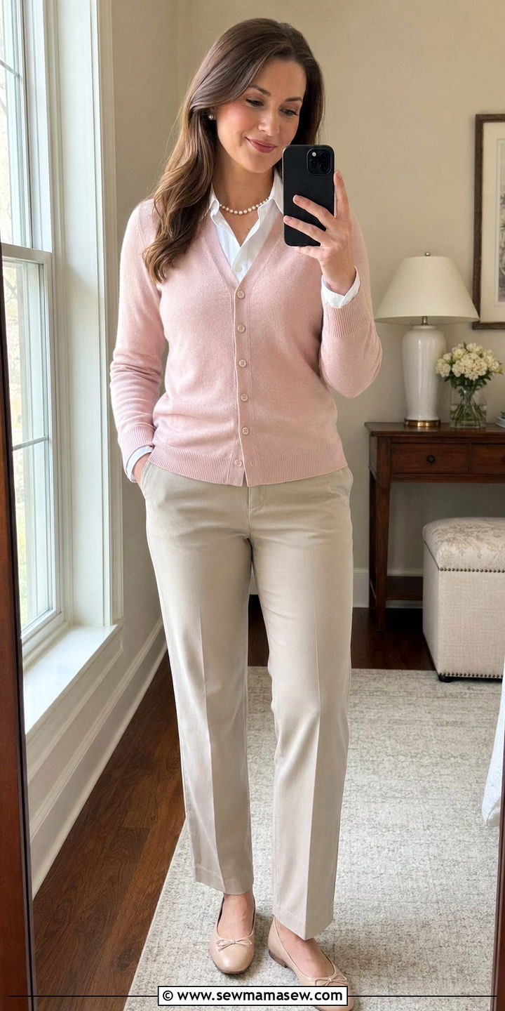 Pastel Pink Cardigan And White Blouse Outfit - 30 Zoom interview outfit ideas