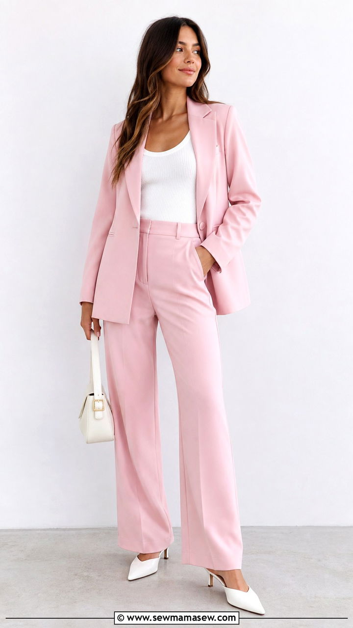 Pastel Pink Co Ord Set With White Pointed Mules - 40 Spring outfit ideas