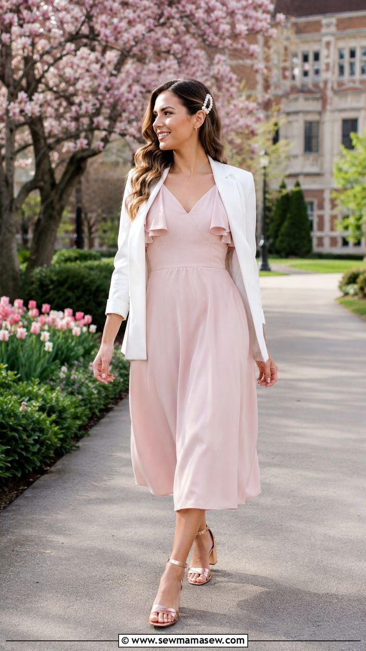 Pastel Pink Dress and White Blazer for Nursing Graduation - 25 Nursing school graduation outfit ideas