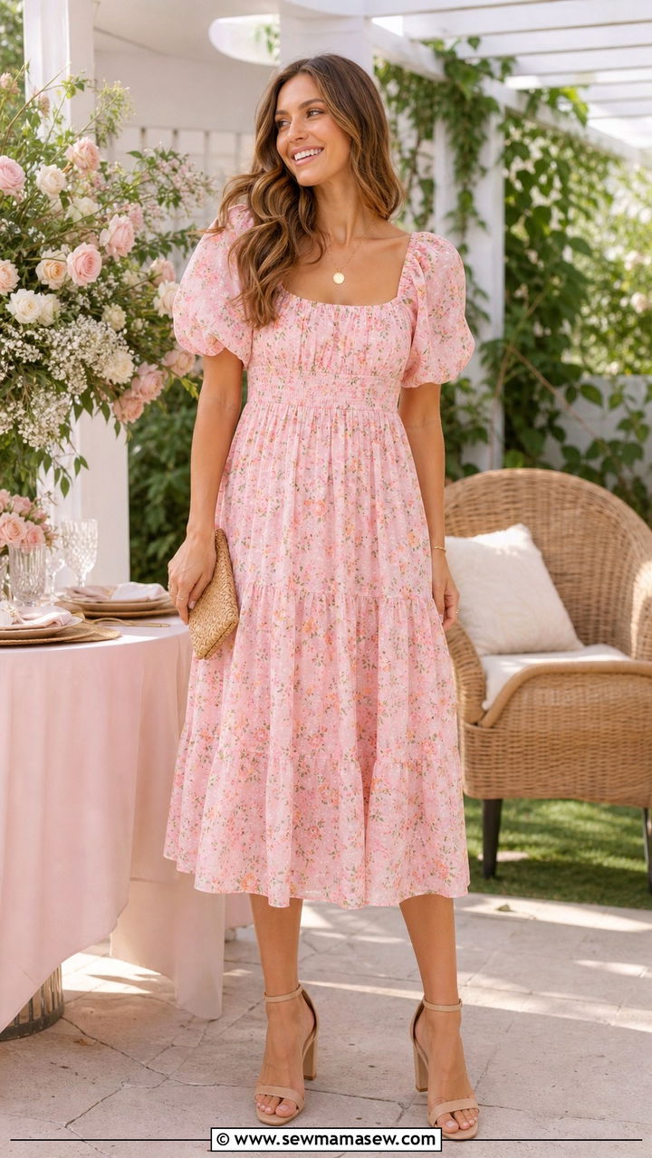 Pastel Pink Floral Midi Dress with Nude Block Heels - 40 Spring baby shower outfits