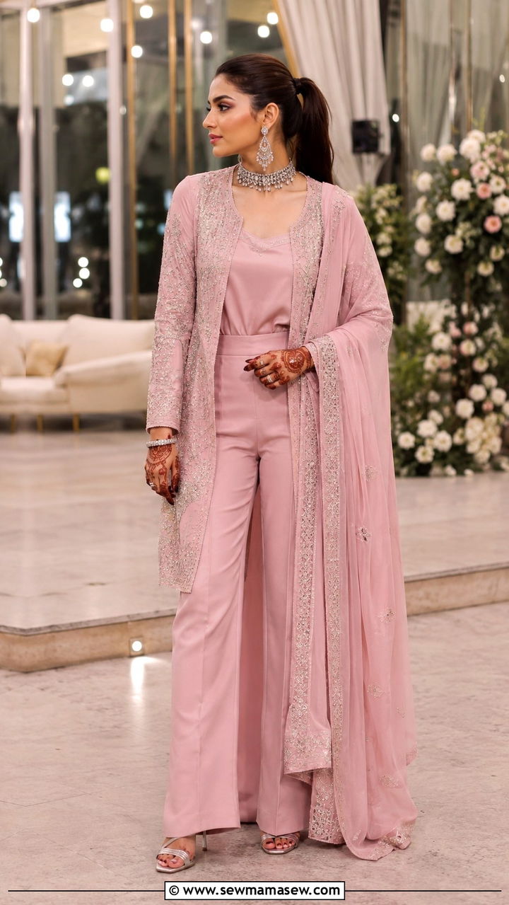 Pastel Pink Fusion Pantsuit with Dupatta - 25 Wedding guest outfit ideas Mehndi ceremony