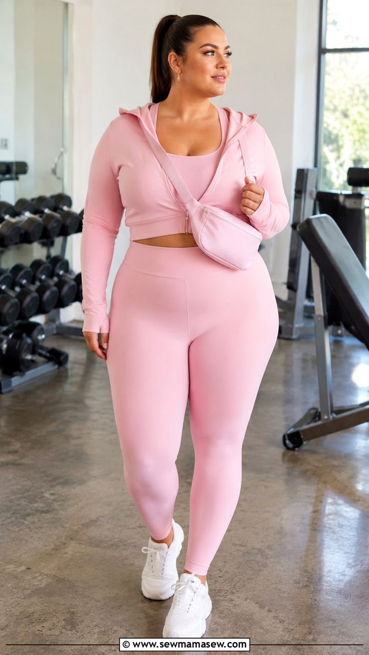 Pastel Pink High Waist Leggings with Zip Up Crop Hoodie - 30 Gym outfit ideas plus size