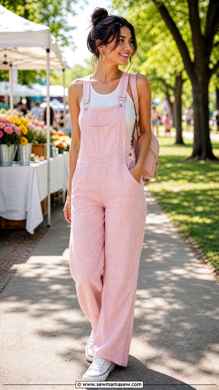 Pastel Pink Linen Overalls With White Tank - 30 Summer outfits in pastel