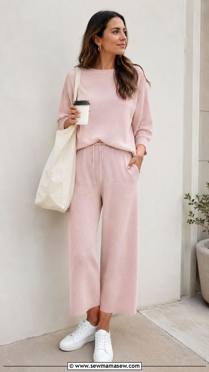 Pastel Pink Matching Knit Lounge Set - 20 summer outfits 2026 women inspo