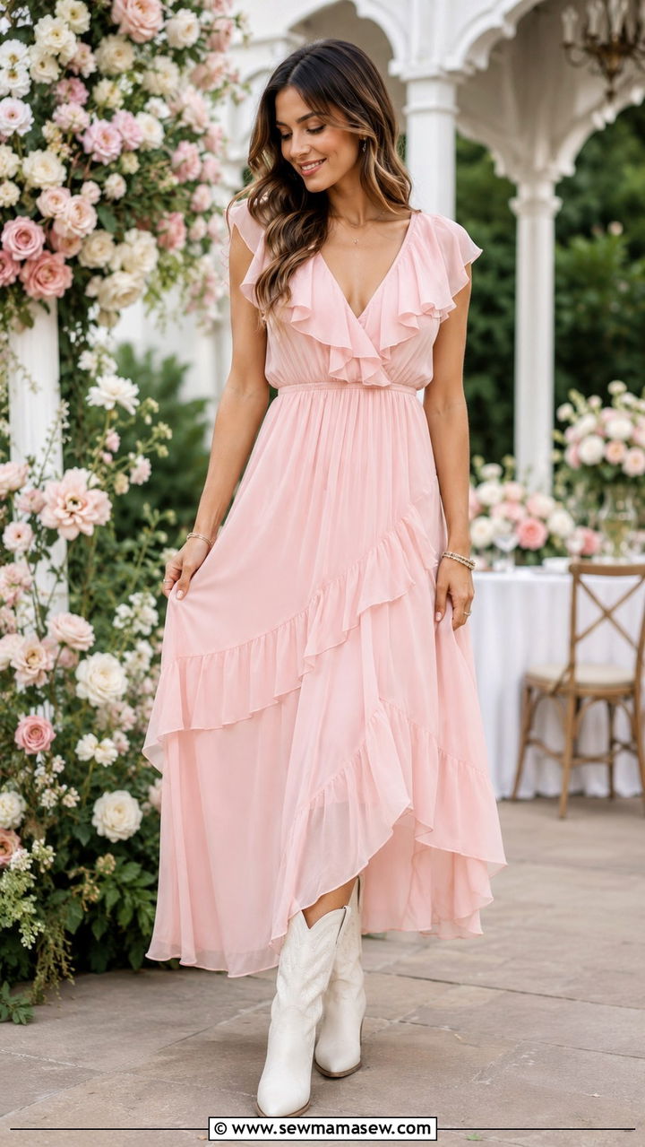 Pastel Pink Maxi Dress with White Cowboy Boots - 30 Maxi dress with cowboy boots outfit ideas