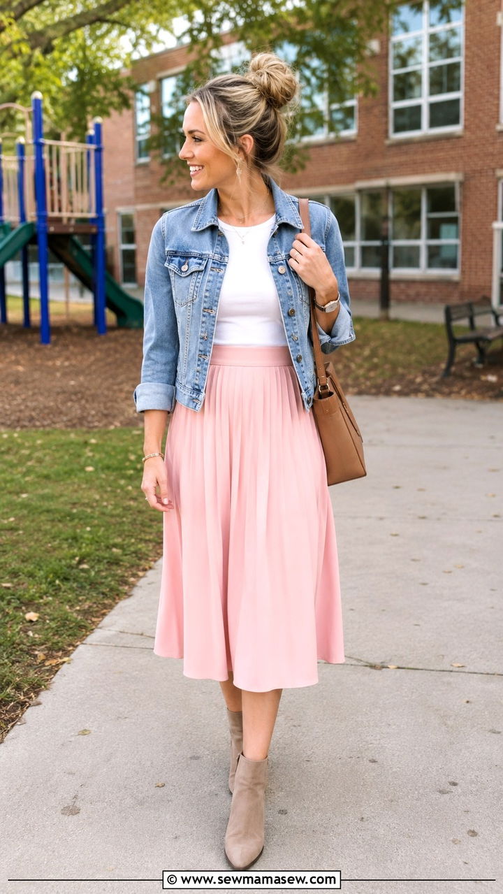 Pastel Pink Midi Skirt and Denim Jacket - 30 cute teacher outfits