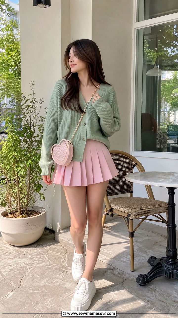 Pastel Pink Mini Skirt and Sage Green Cardigan - 25 Green and pink outfit ideas