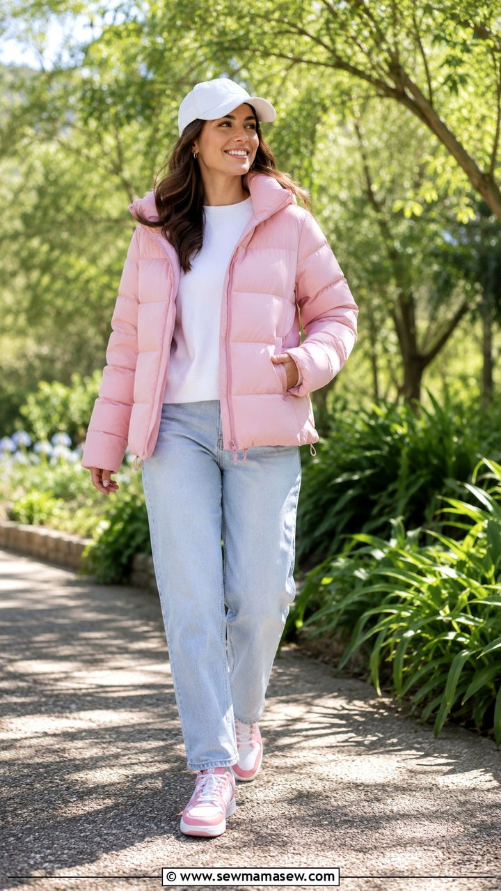 Pastel Pink Puffer with Light Wash Jeans - 30 Late March outfit ideas