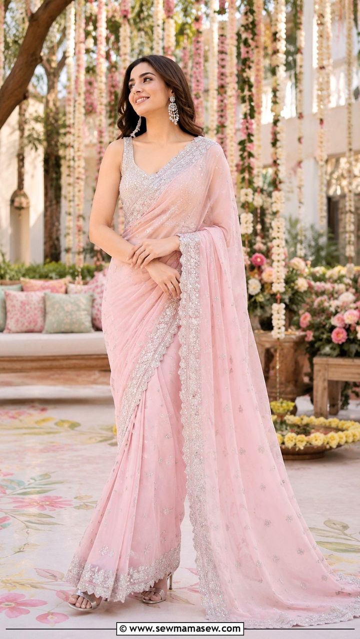 Pastel Pink Saree With Silver Work - 25 Mehndi outfit ideas 2026