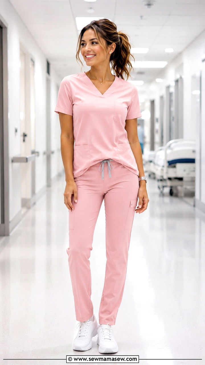 Pastel Pink Scrub Set with White Sneakers - 30 Spring outfit ideas for nurse