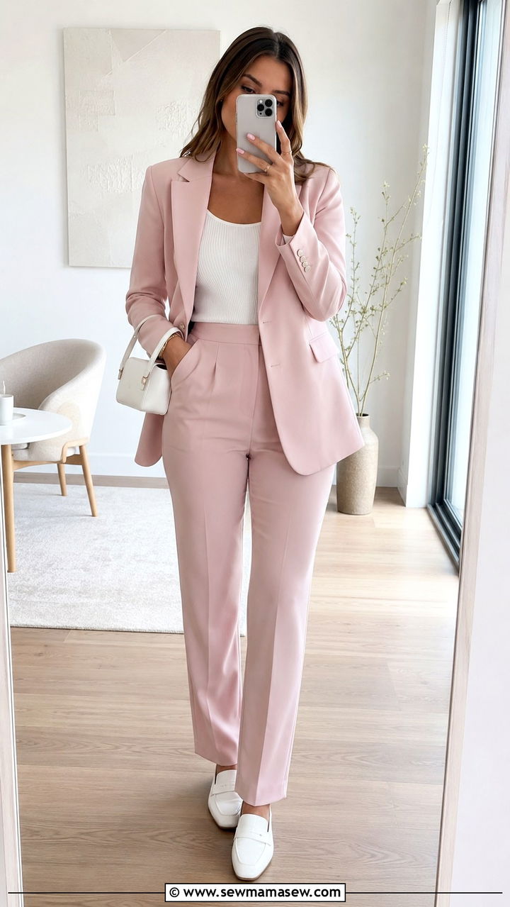 Pastel Pink Suit With White Tank Top and White Loafers - 30 business casual outfits 2026
