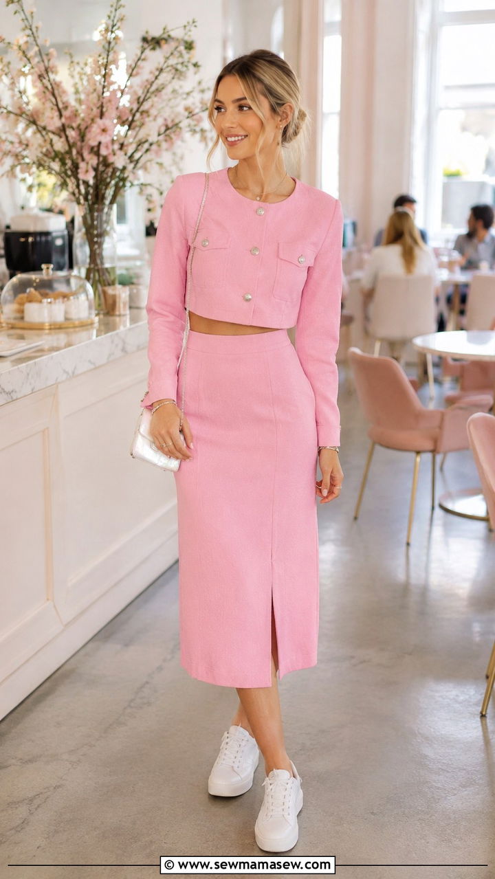 Pastel Pink Two Piece Set With White Sneakers - 20 summer outfits 2026 women ideas