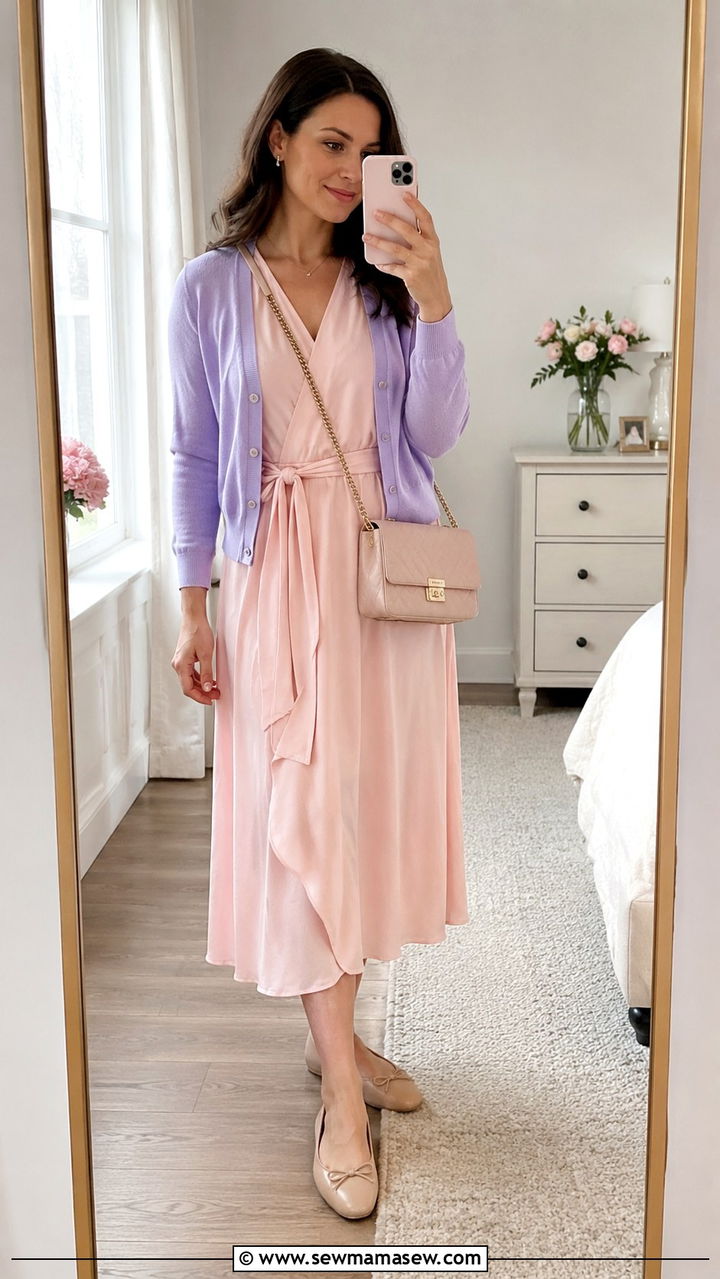 Pastel Pink Wrap Dress And Lightweight Cardigan - 25 Wrap dress outfit ideas with a cardigan