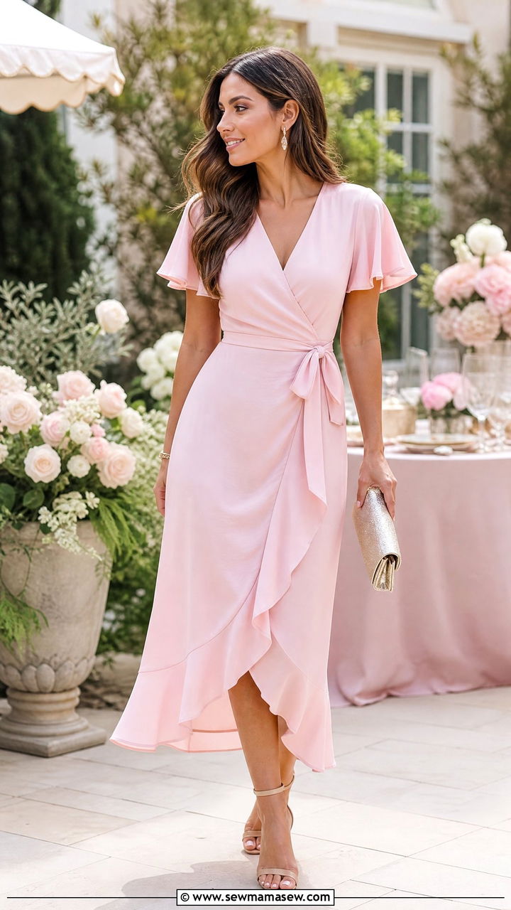 Pastel Pink Wrap Dress with Nude Heels - 30 Pastel pink outfit ideas spring