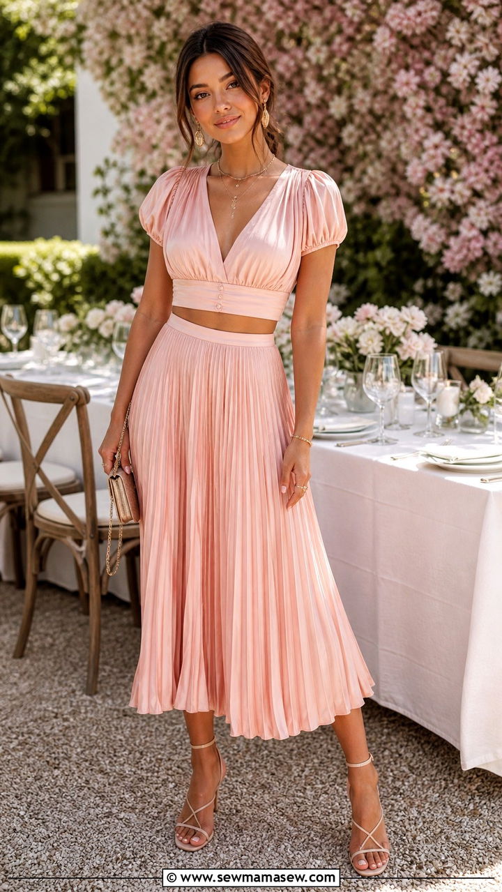 Pastel Pleated Midi Skirt And Cropped Blouse Outfit - 40 classy dinner outfits