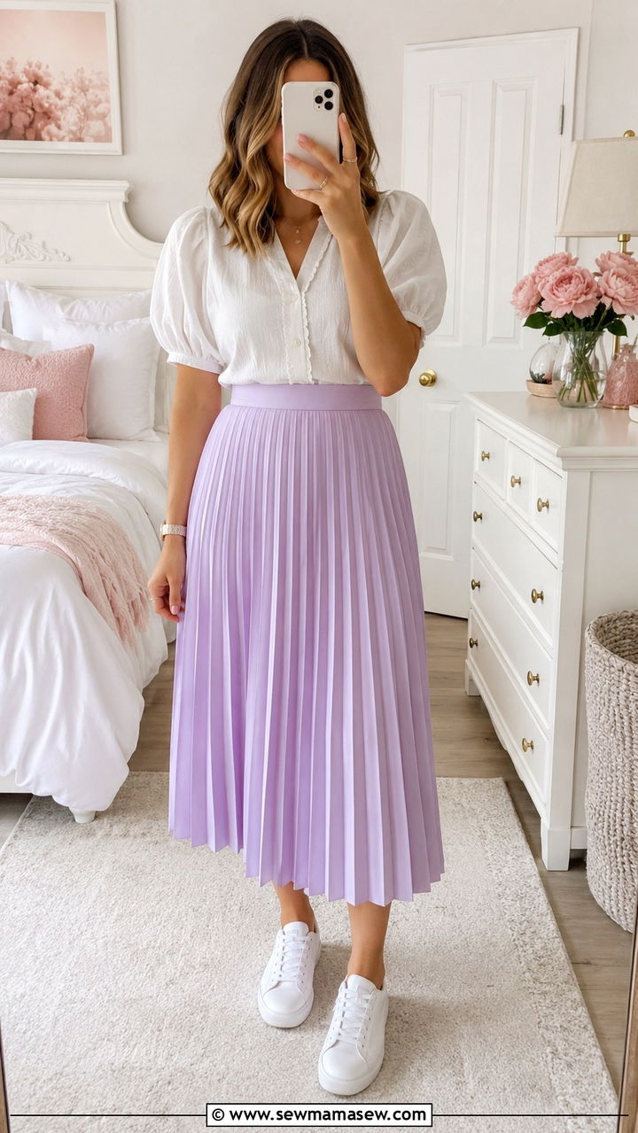 Pastel Pleated Midi Skirt With White Sneakers And Blouse - 30 Pleated midi skirt outfit ideas with sneakers