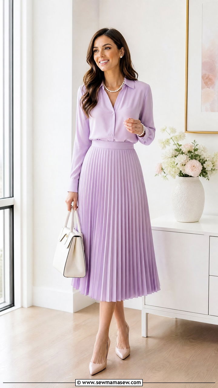 Pastel Pleated Midi Skirt and Matching Blouse Set - 30 Matching set outfit ideas for work