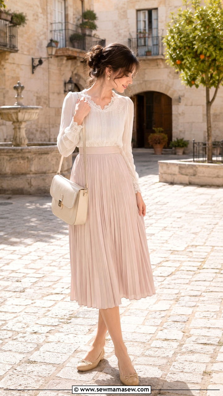 Pastel Pleated Skirt and Lace Blouse Outfit - 30 Romantic academia outfit ideas
