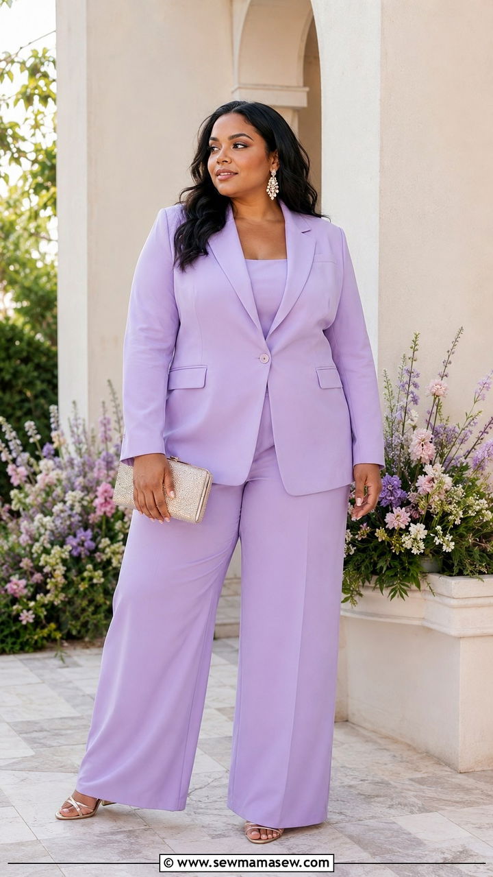 Pastel Power Suit with Strappy Heels - 30 spring plus size outfit ideas