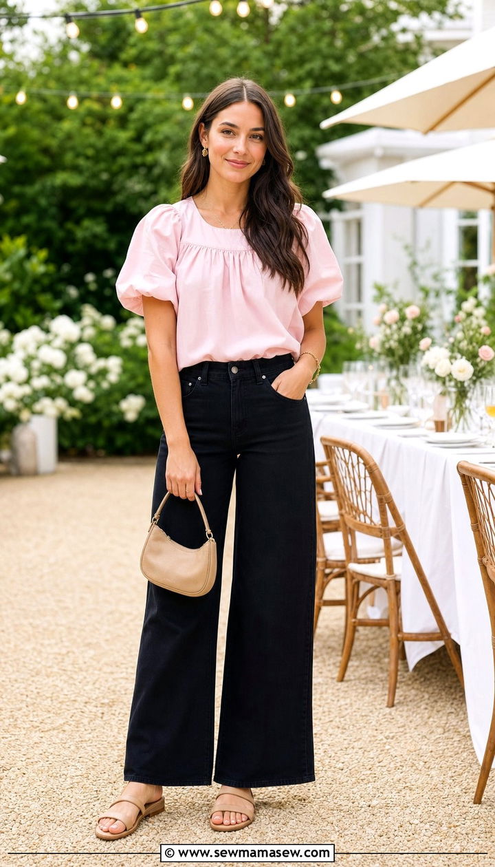 Pastel Puff Sleeve Blouse with Black Wide Leg Jeans - 25 Summer outfits with black jeans