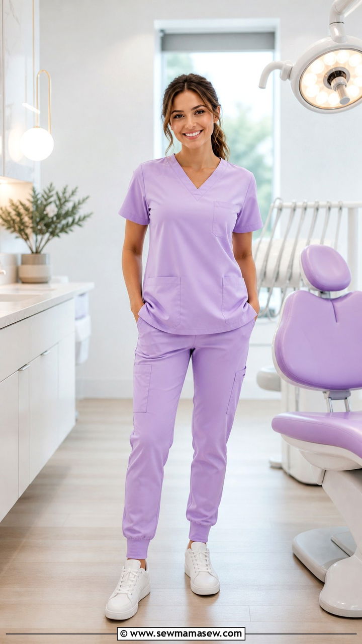Pastel Purple Scrub Set With White Shoes - 40 Dentist outfit ideas