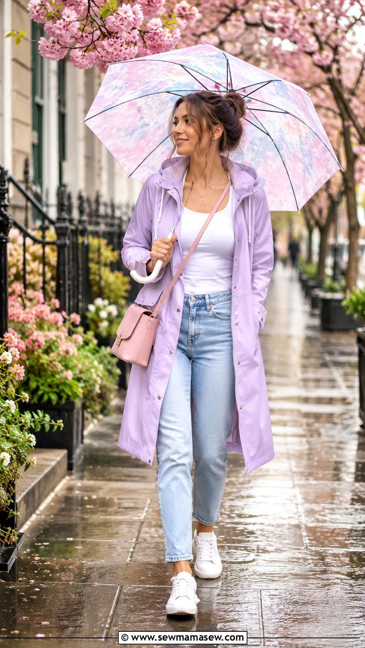 Pastel Raincoat with Light Wash Denim and Sneakers - 25 rainy day outfits inspo