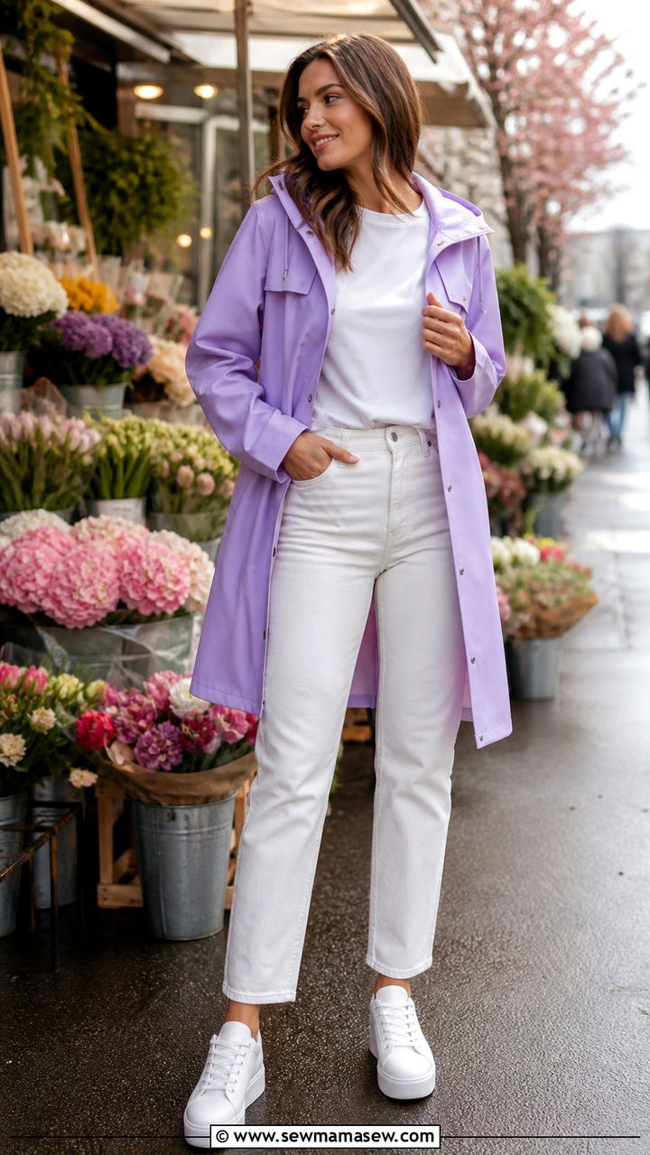 Pastel Raincoat with White Denim and Platform Sneakers - 40 rainy day outfits