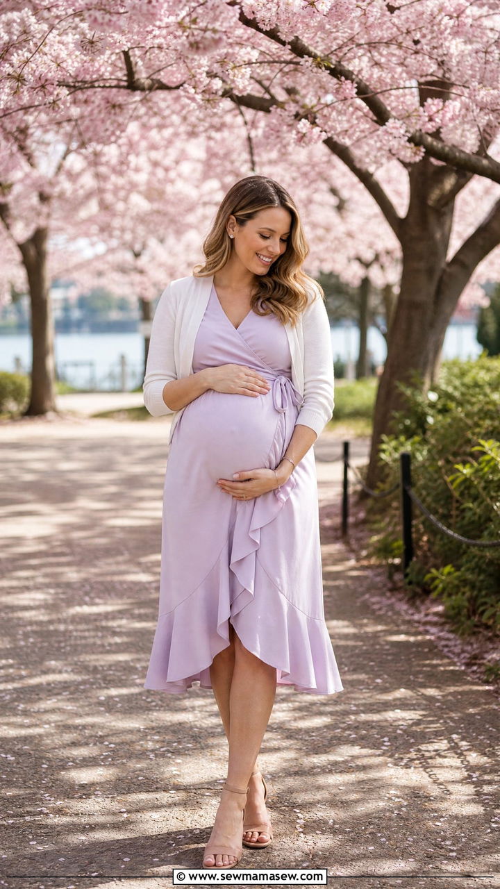 Pastel Ruffled Wrap Dress - 25 Maternity announcement outfit ideas