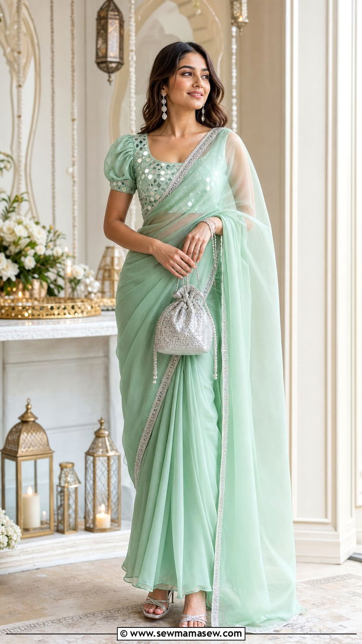 Pastel Saree with Puff Sleeve Blouse - 25 Eid al Fitr outfit ideas 2026