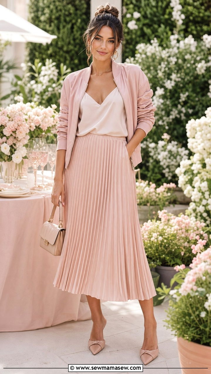 Pastel Satin Bomber Jacket With A Pleated Midi Skirt - 25 Summer outfits with bomber jackets
