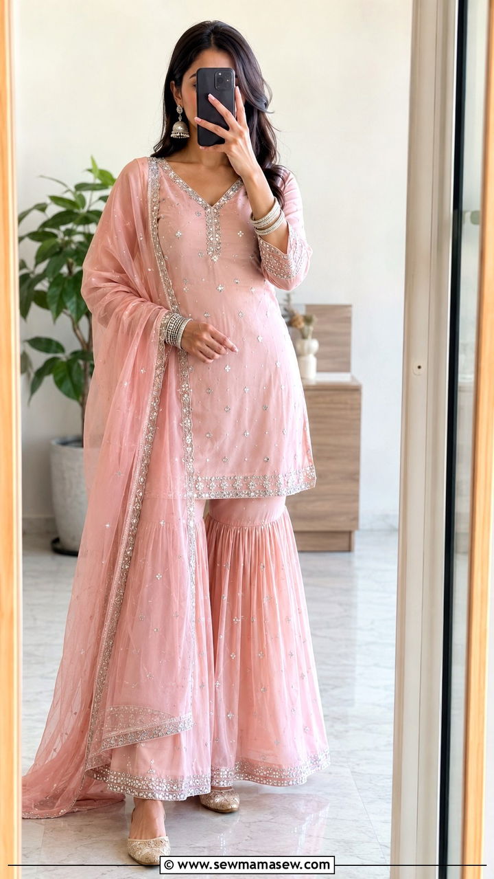Pastel Sharara Set with Short Kurta - 25 Wedding guest outfit ideas Mehndi ceremony