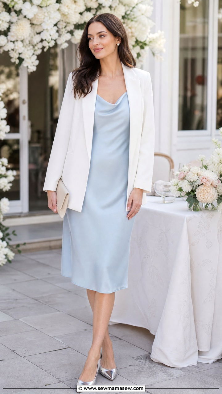 Pastel Slip Dress with a White Blazer and Pointed Flats - 25 Spring outfits with slip dresses