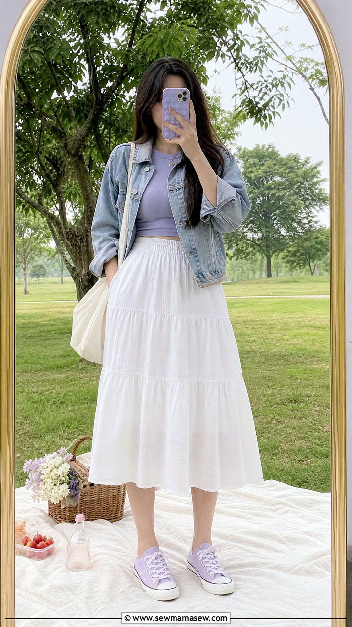 Pastel Sneakers with White Midi Skirt and Denim Jacket - 30 summer sneaker outfit ideas