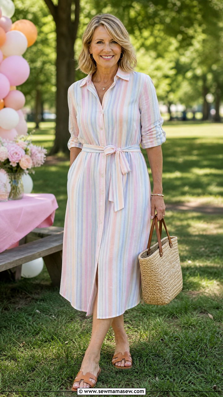 Pastel Stripe Shirt Dress With Tan Sandals - 25 baby shower outfits for women over 40
