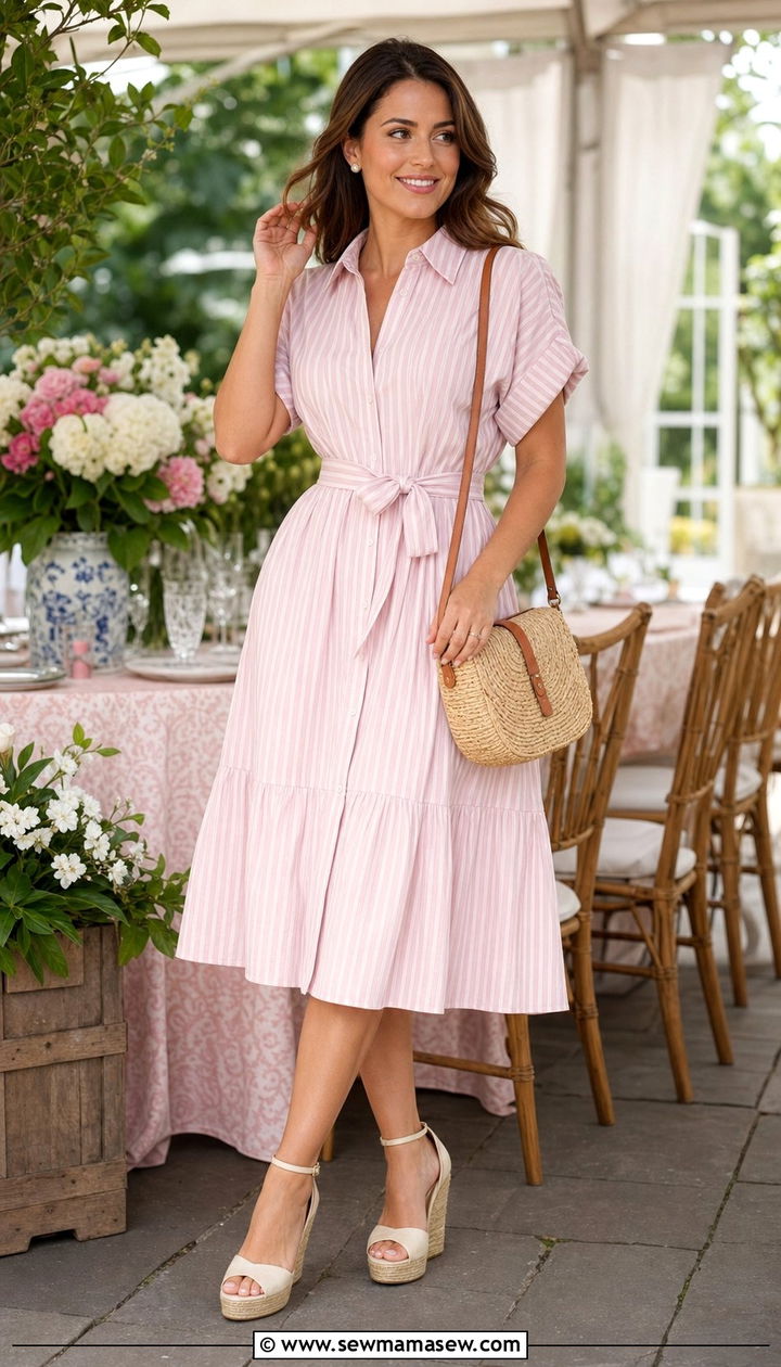 Pastel Striped Shirt Dress with Espadrille Wedges - 25 spring shirt dress outfit ideas