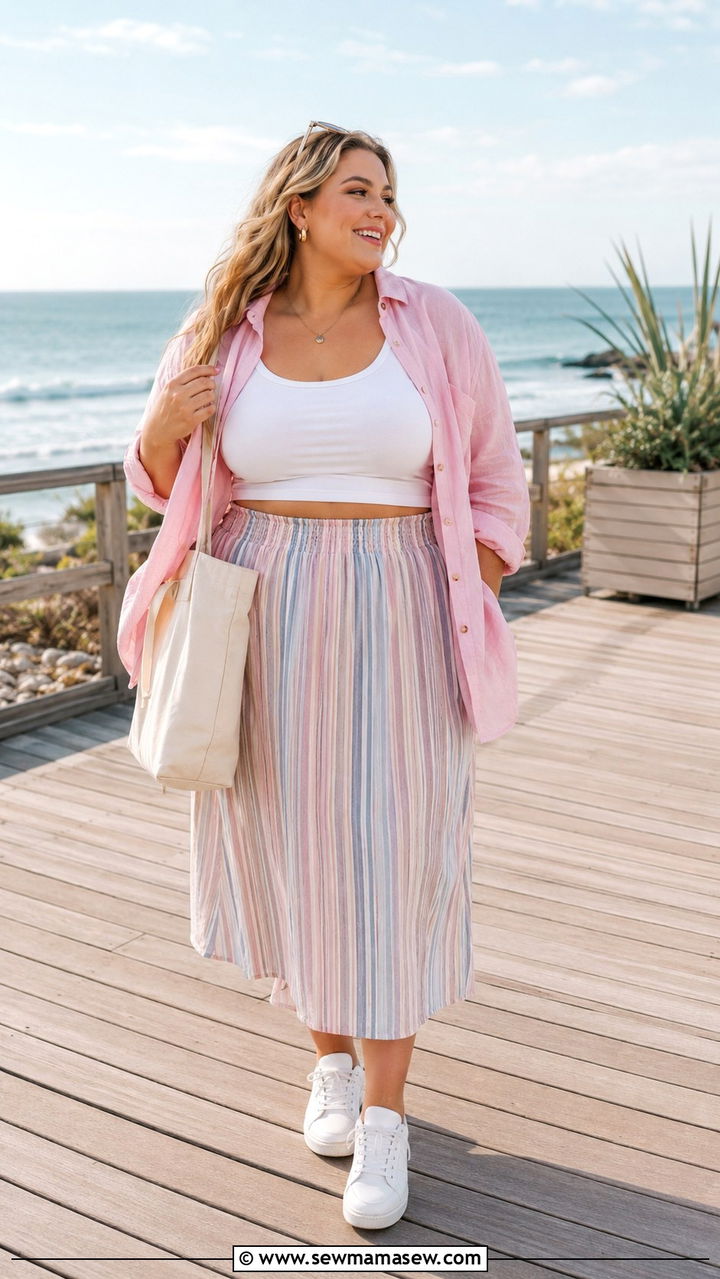 Pastel Striped Skirt And Cropped Tank - 25 Plus size outfit ideas size 16 summer