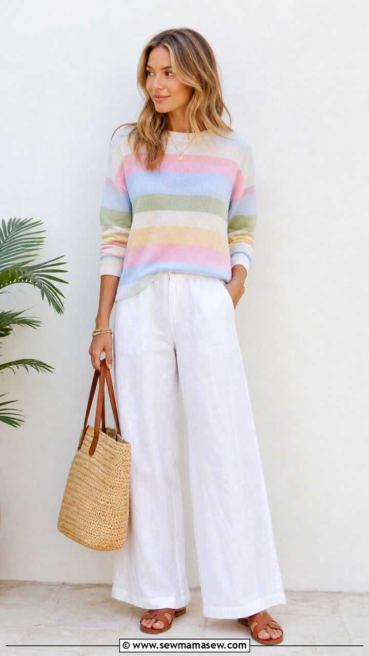 Pastel Striped Sweater With White Linen Pants - 40 summer preppy outfits