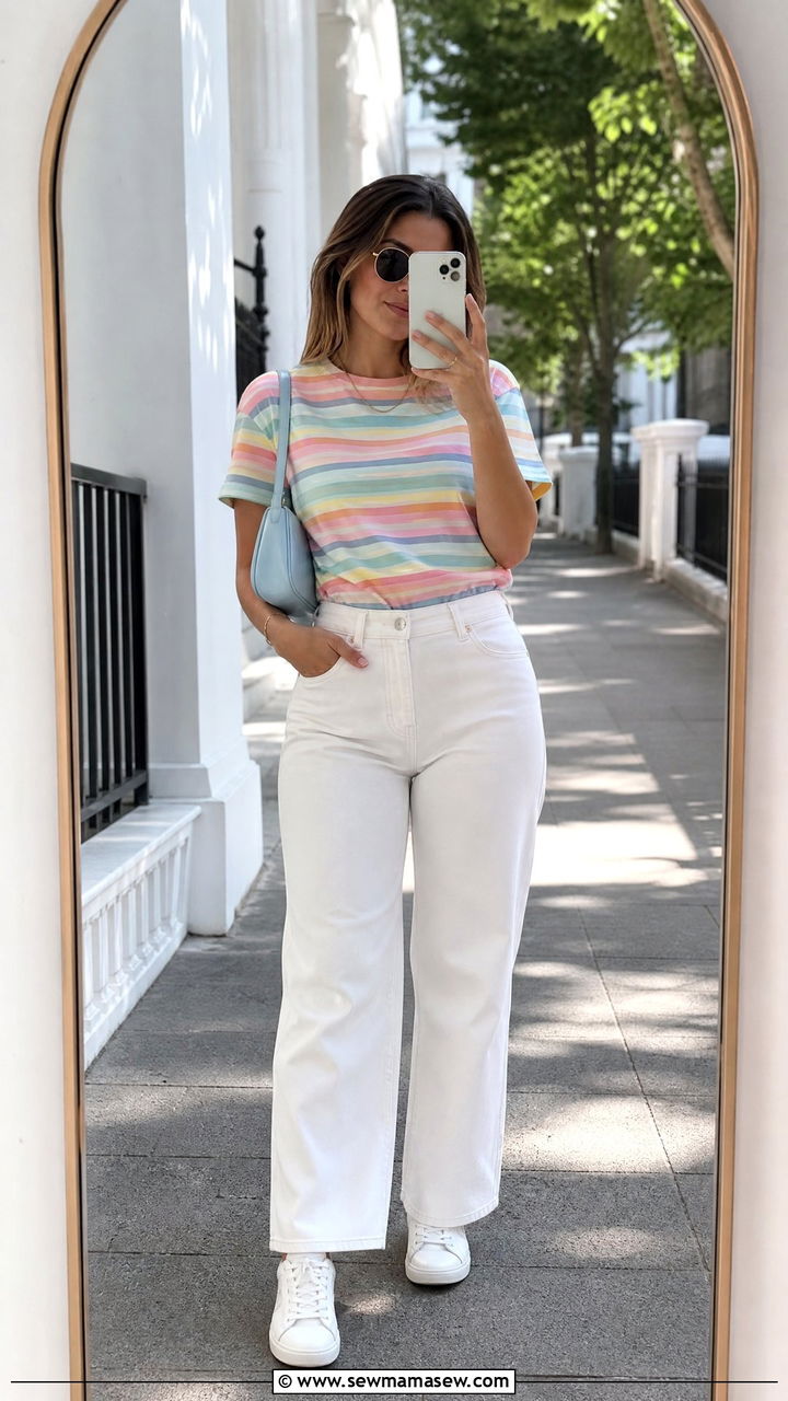 Pastel Striped Tee With White Wide Leg Jeans - 30 Summer outfits in pastel