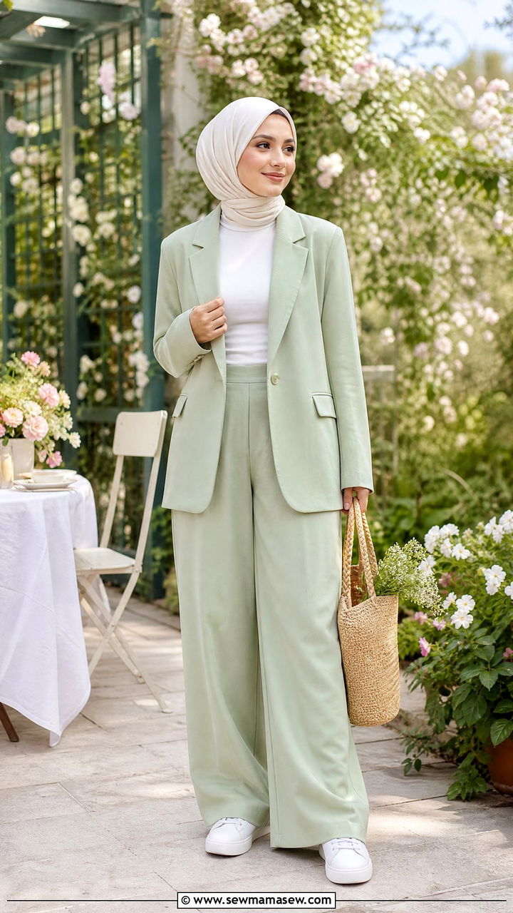 Pastel Suit Set with White Top Outfit - 30 modest classy outfits ideas