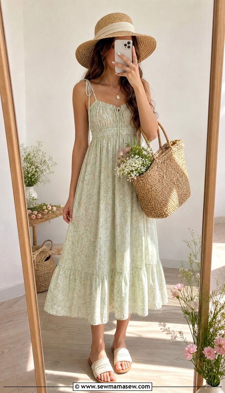 Pastel Sundress With Straw Hat And Woven Tote - 25 summer fairycore outfit ideas
