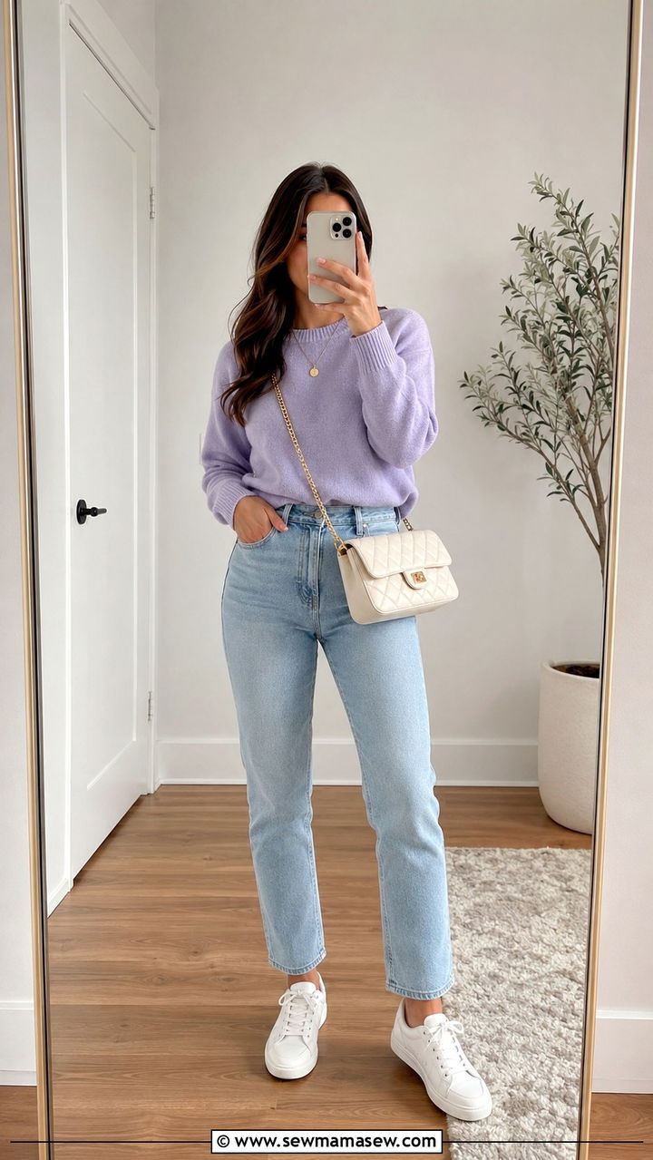 Pastel Sweater And Jeans With Quilted Bag - 30 Spring outfits with bags