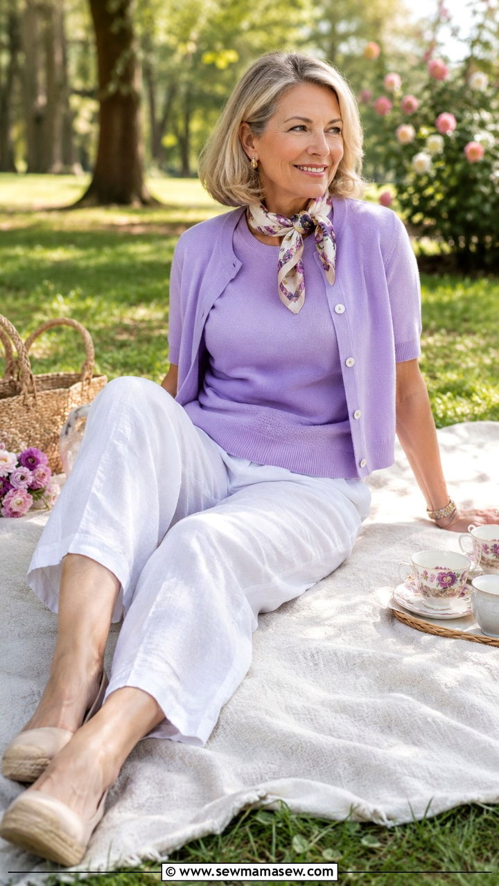 Pastel Sweater Set With White Linen Pants - 30 Picnic outfits for women over 50