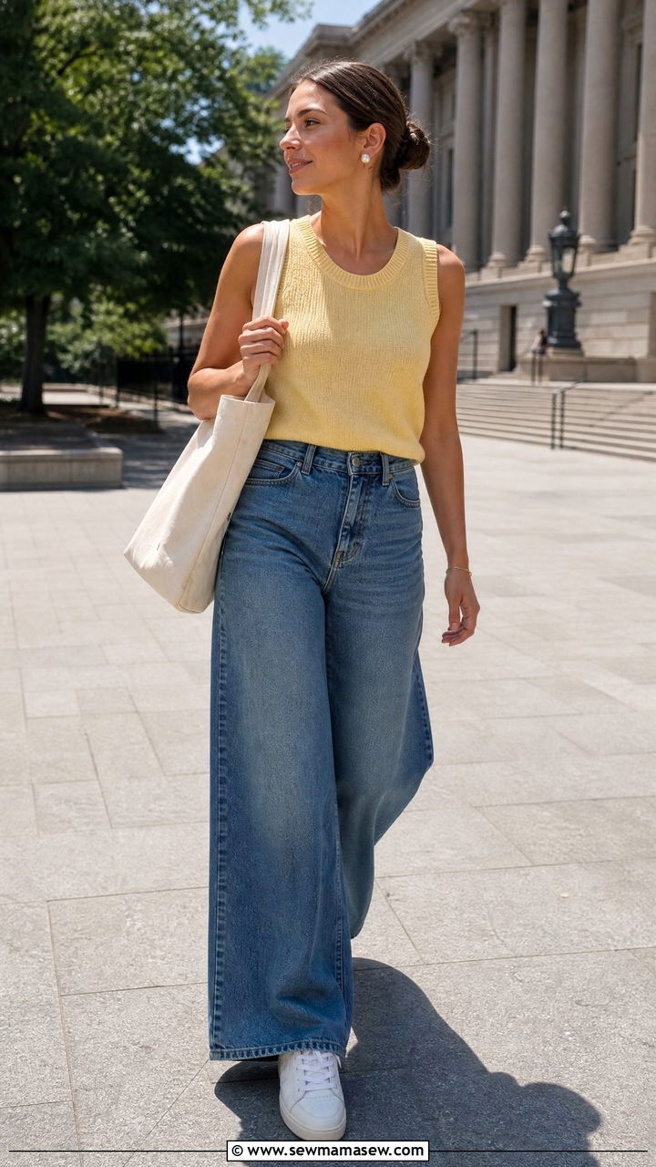Pastel Sweater Tank With Wide Leg Jeans And White Sneakers - 30 Summer outfits with wide leg jeans